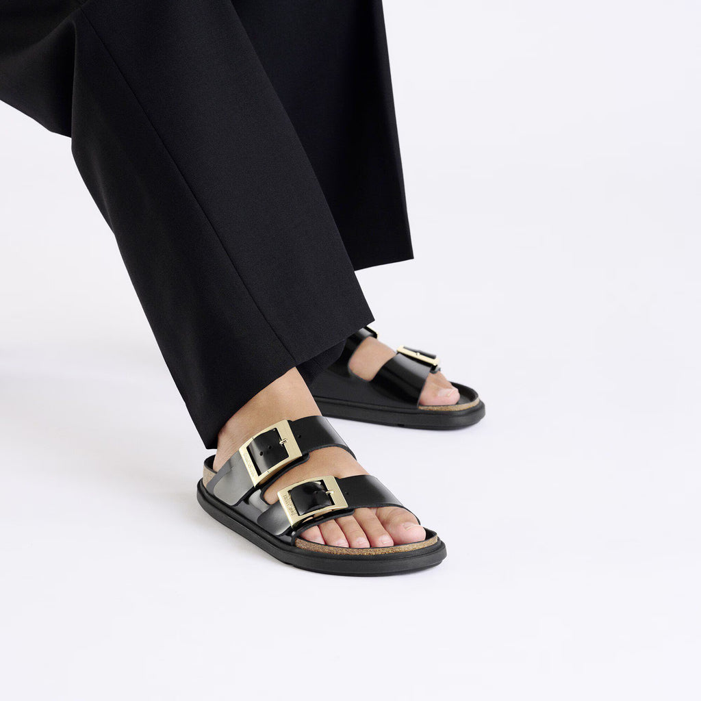 Birkenstock Premium Arizona Droplet Buckle Cuir naturel verni - Noir très brillant
