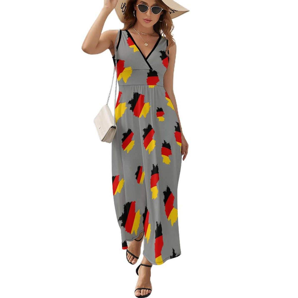 Robe longue sans manches à imprimé drapeau allemand pour femme, col V, style débardeur.
