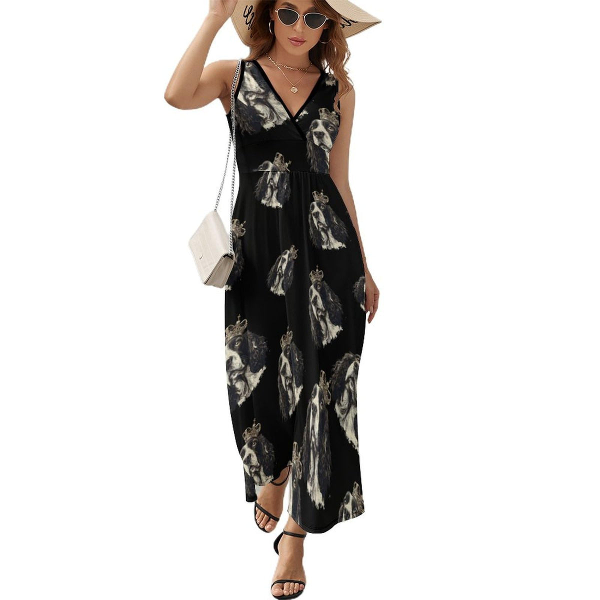 Robe longue d'été sans manches pour femme, motif Springer Spaniel anglais, col en V, style décontracté
