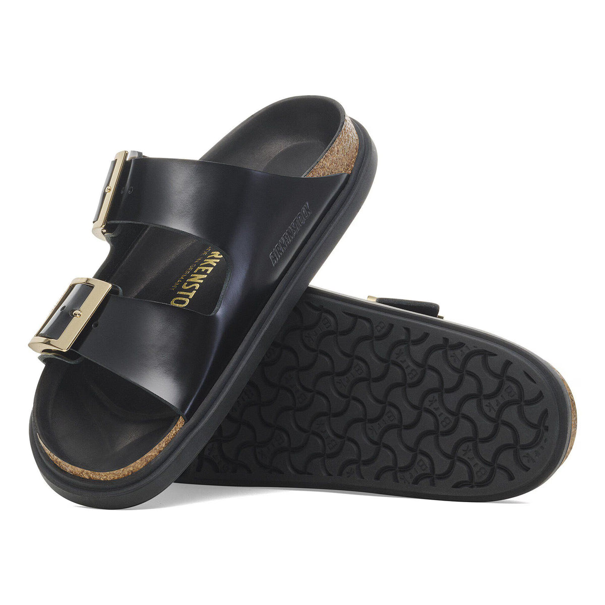 Birkenstock Premium Arizona Droplet Buckle Cuir naturel verni - Noir très brillant