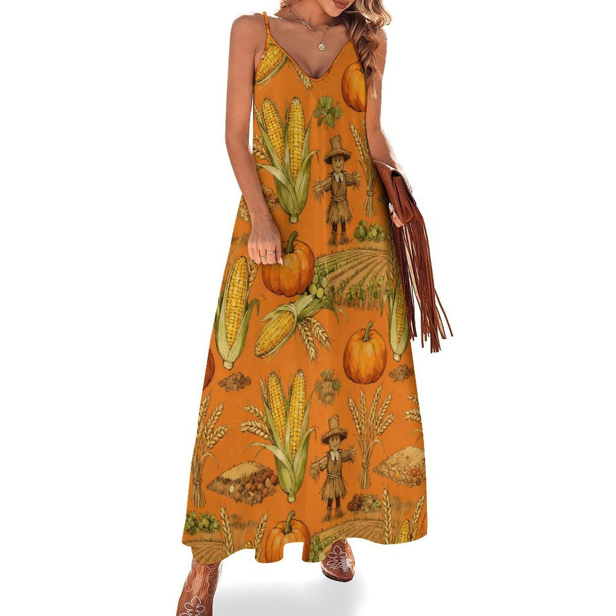 Robe maxi longue et fluide pour femme, collection Harvest Time, idéale pour l'été, les cérémonies et les mariages. Parfaite pour une invitée.