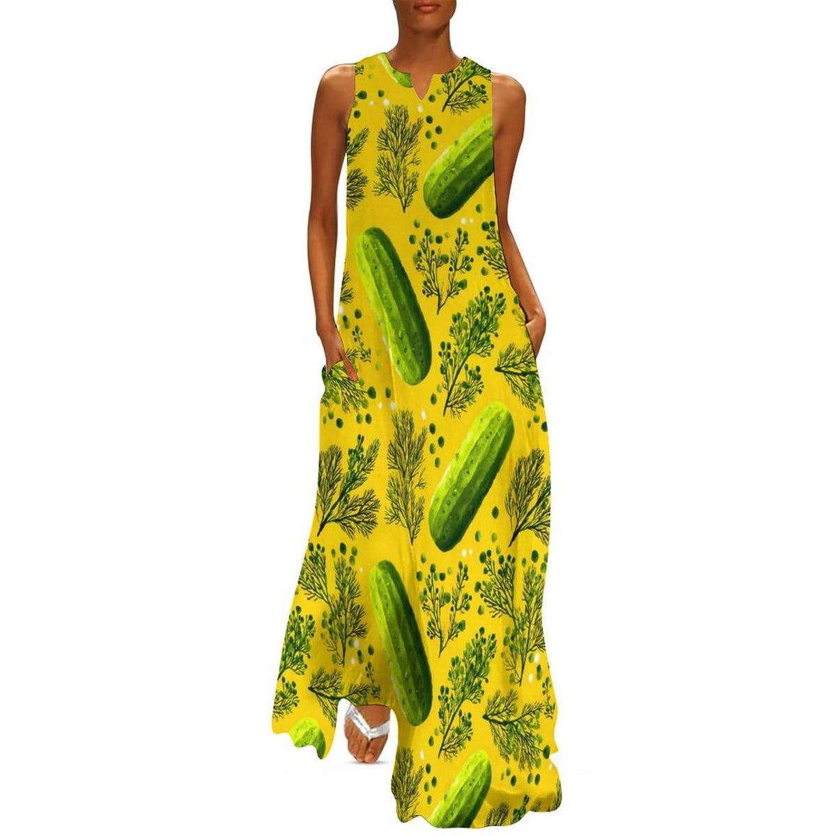 Robe longue maxi maxi sans manches pour femme, col en V, coupe ample, style cocktail, avec poches, motif cornichons à l'aneth frais
