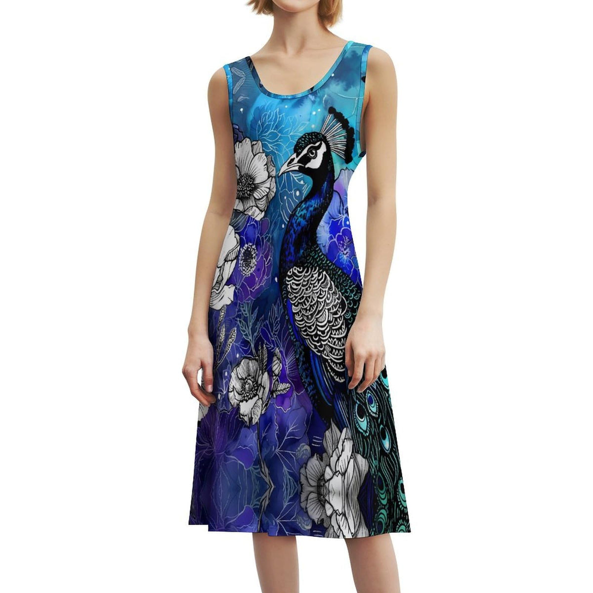 Robe longue maxi sans manches décontractée et amusante pour femme, motif paon et fleurs.